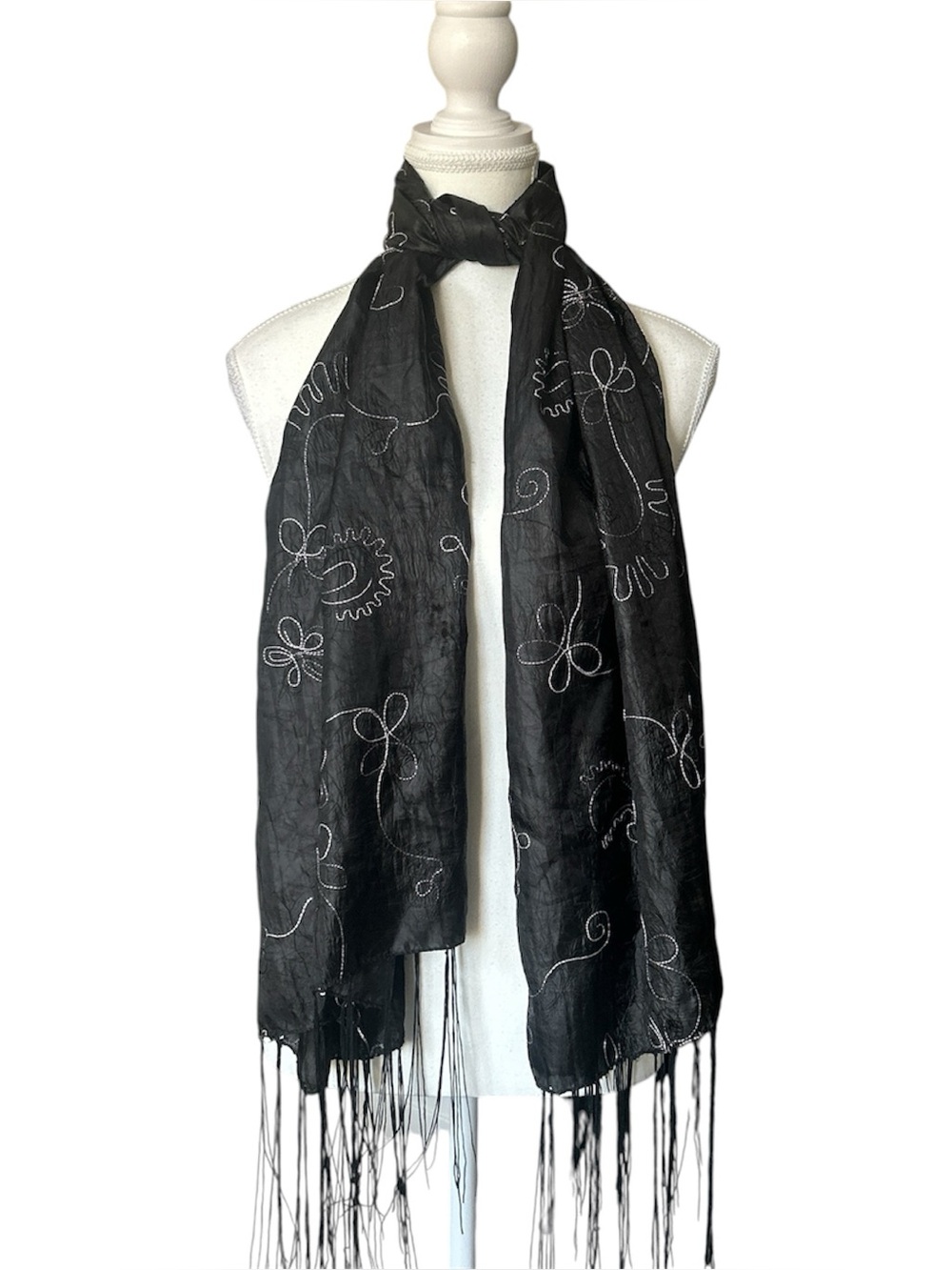 Y2K Whimsygoth Style Black and Purple Silk Floral Embroidered Scarf